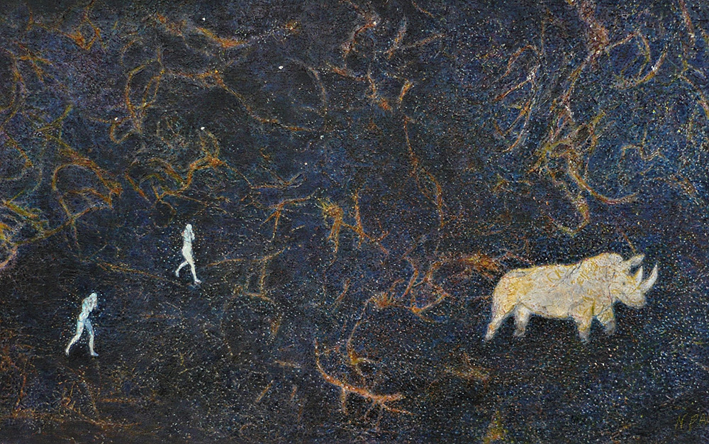 Painting of two figures and a rhinoceros with gold and blue abstract background