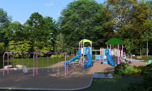 A rendering of playground Design B for Elmbrook Park Playground improvements. From left to right, it includes a swing set with 4 swings, all ages play structure with 3 slides visible, and a sit-down spinner to the far right.