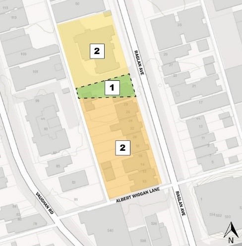 A map showing the location of the new park at 32/40 Raglan Ave (1). New developments (2) are located on the north and south sides of the new park.