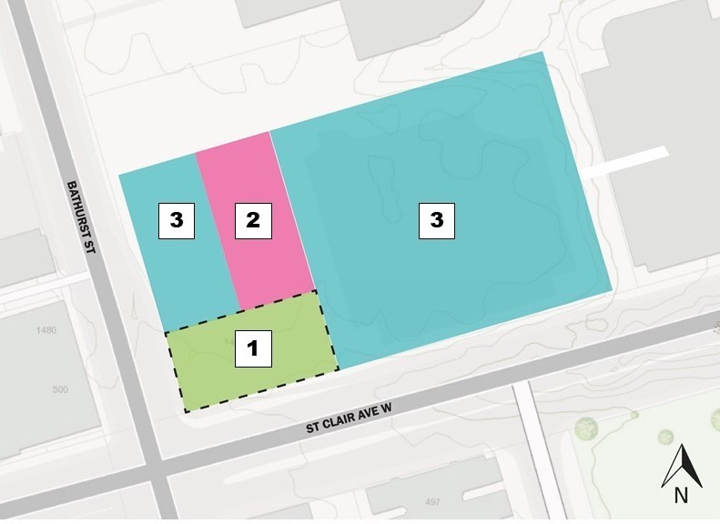 A map showing the location of the new park at 498 St. Clair Ave. West (1). A new development (3) is located north and east of the new park. A Privately Owned Publicly-Accessible Space (POPS) (2) is connected to the north end of the new park, in the middle of the new development.