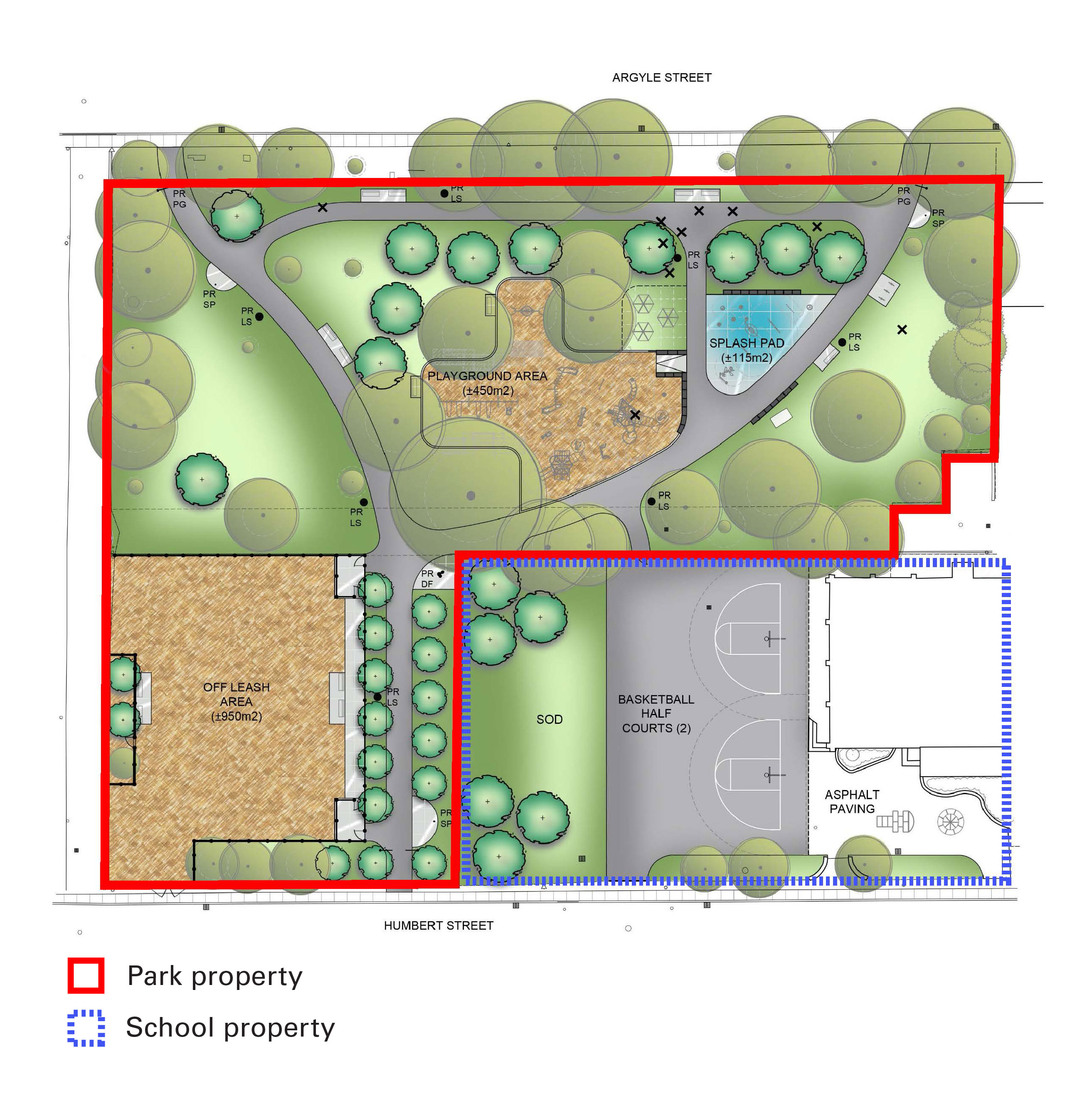Plan showing the final design and property boundaries for the park and adjacent school grounds.