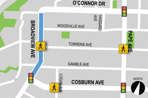Map of project area highlighting segment on Broadview Avenue from O'Connor Drive to Cosburn Avenue