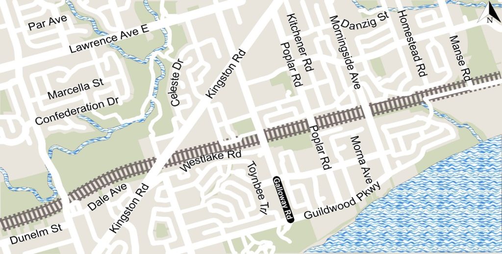 A map showing the project area for the Galloway Road sidewalk and future cycling connections. The project limits run from Guildwood Parkway to Dearham Wood.