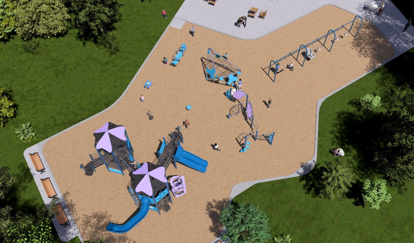 Aerial view of Playground Equipment Option C with combined junior and senior play structure at left, a climber course coupled with an iceberg climbing structure at centre, and a 3-bay swing set at right. This option also includes a teeter totter, a stand-up spinner, a disk spinner and a spring toy.