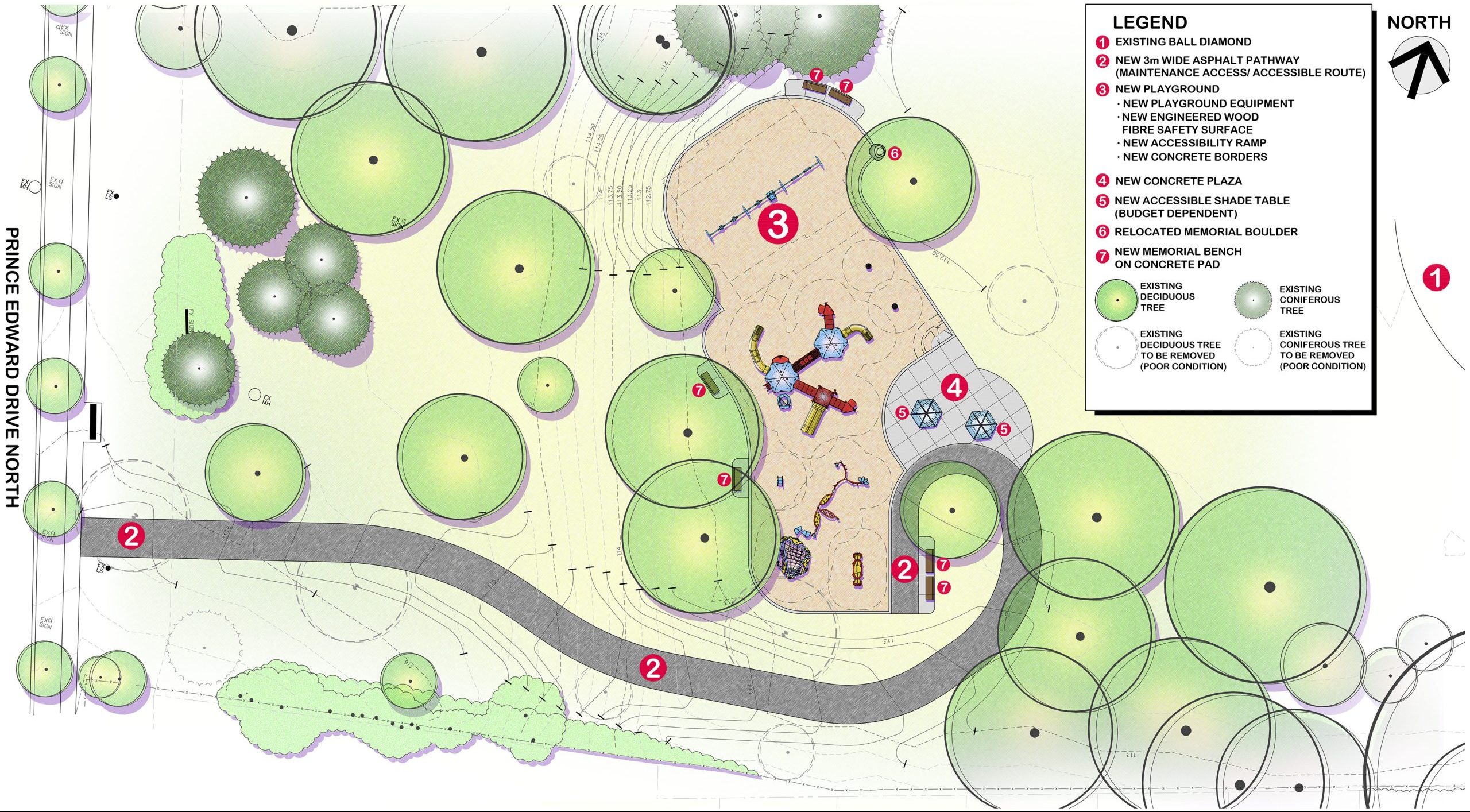 The final design for the new Lambton-Kingsway Park Playground, which has been refined based on community feedback. It will include the play features listed below.