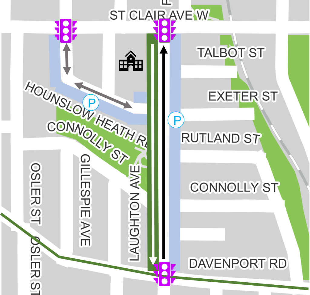 Map of project area from St. Clair Avenue West to Davenport Road on Laughton Avenue highlighting segment 3 option 1