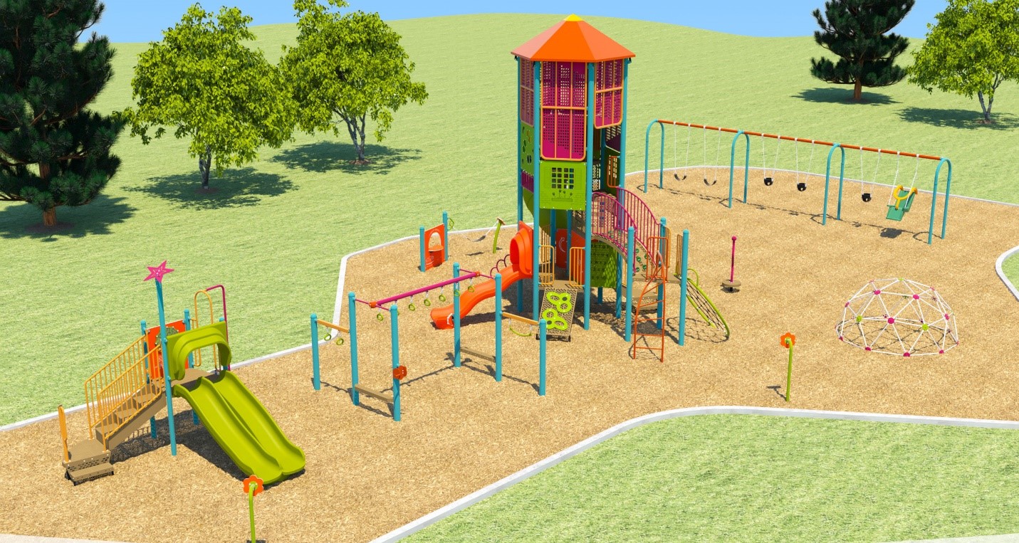 Aerial view of Playground Equipment Option B with junior play structure shown in the foreground, a tower play structure in the midground and a 3-bay swing set in the background. This option also includes a geo-dome climber, monkey-bar climber, several talk tubes, a stand-up spinner and a stand-alone play panel coupled with a hammock feature.