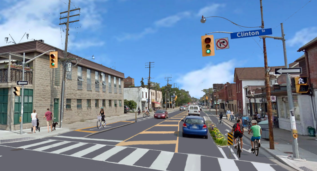 A rendering shows Harbord Street with green infrastructure separating the cycle tracks from the motor vehicle lane one one side of the street, and a raised bus/bike platform on the other