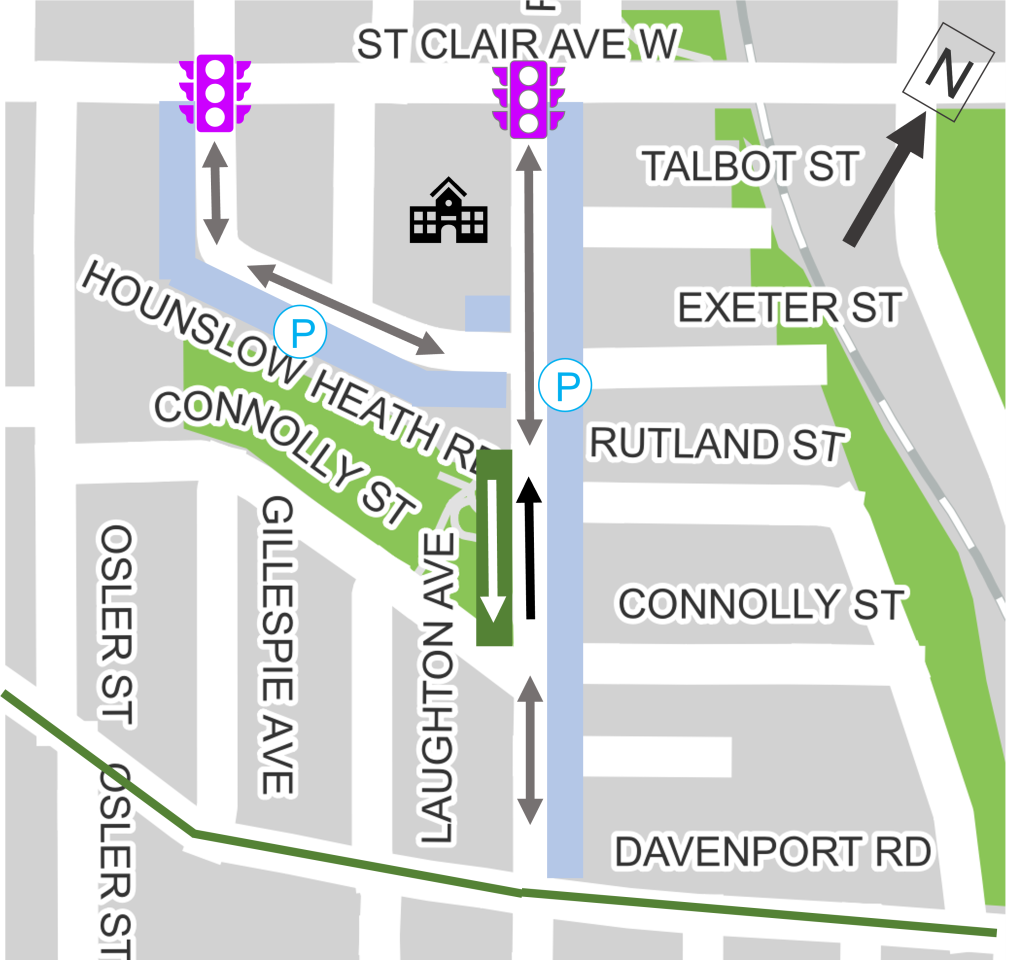 Map of project area from St. Clair Avenue West to Davenport Road on Laughton Avenue highlighting segment 3 option 2