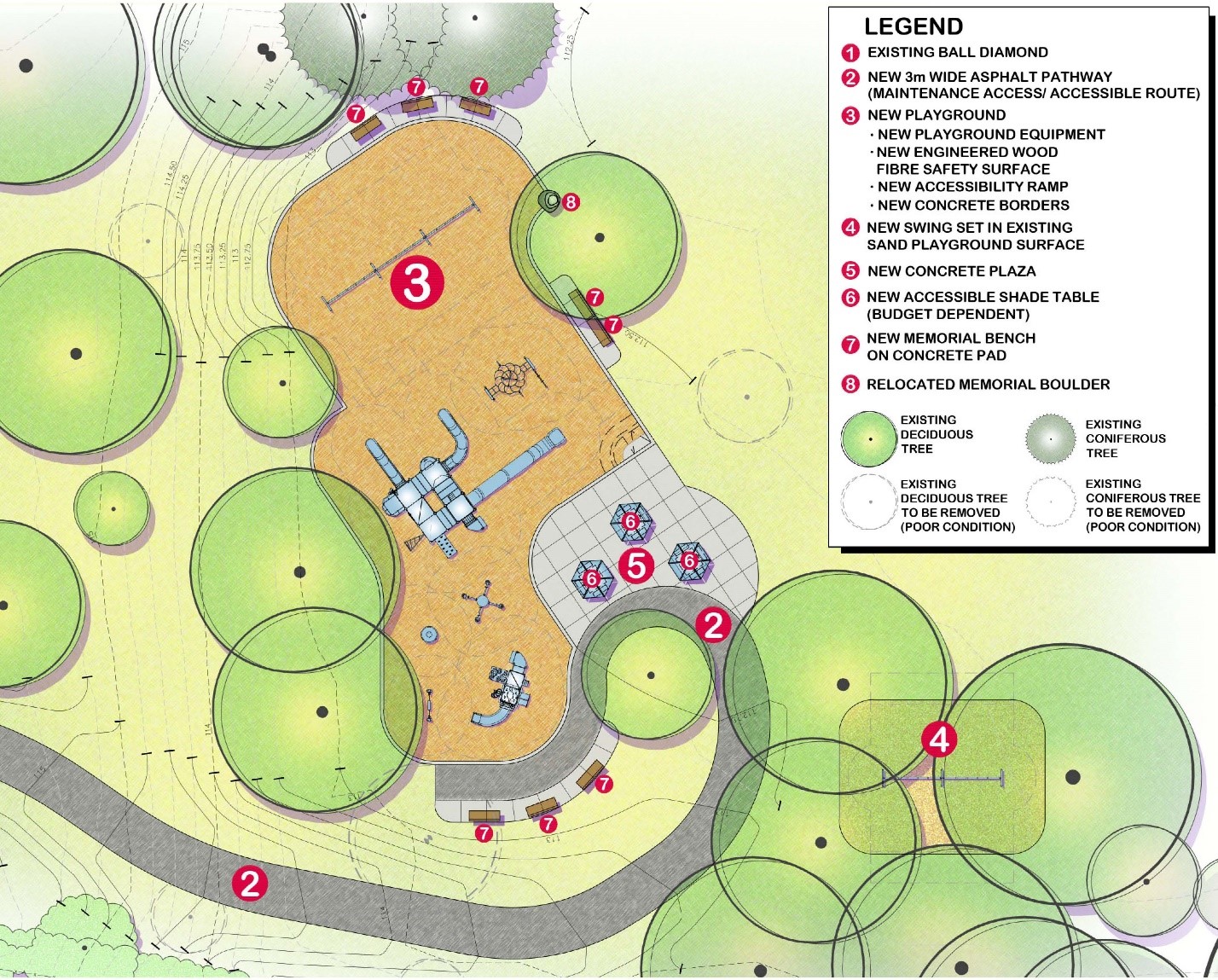Aerial view of Playground Equipment Option B with junior play structure shown in the foreground, a tower play structure in the midground and a 3-bay swing set in the background. This option also includes a geo-dome climber, monkey-bar climber, several talk tubes, a stand-up spinner and a stand-alone play panel coupled with a hammock feature.