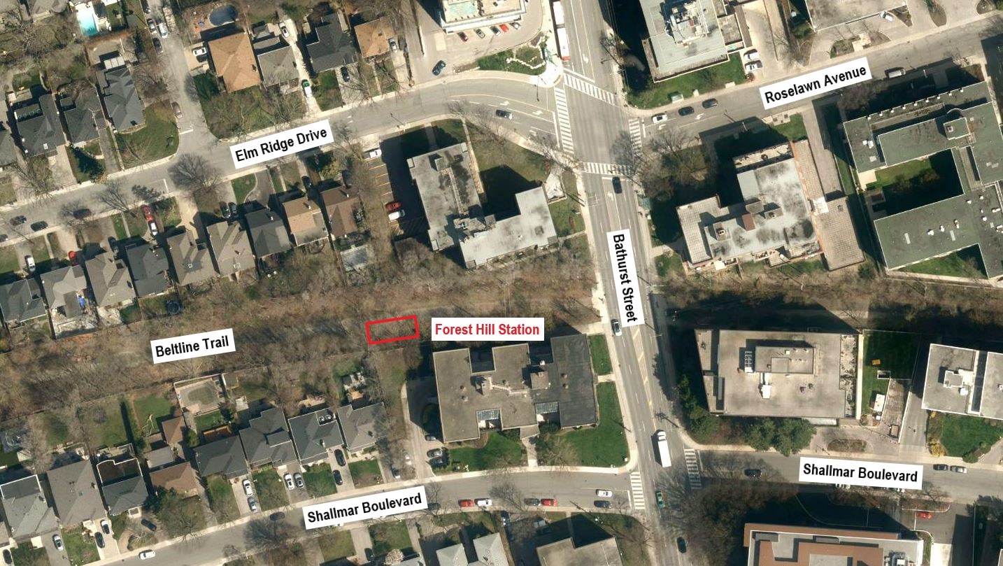 An aerial map shows the location of the Forest Hill Station with a red rectangle on the south side of the Beltline Trail, just west of Bathurst Street. 