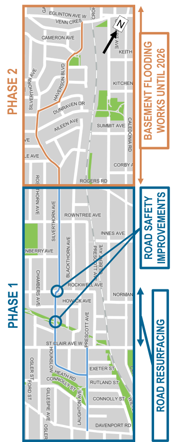 Map of The Silverthorn Cycling Connections project separated by two phases. Phase 1 is Rogers Road to Davenport Road and phase 2 is Rogers Road to Eglinton Avenue West 