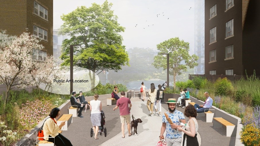 A rendering of the proposed park design. The view is looking east to Bathurst Street from the centre of the park. Centre is the pathway leading into the park. In the background, two p-gates are at the entrance to encourage cyclists to dismount to pass through the park. On each side of the park are planting beds that continue along the length of the park and wooden bench seating with some arm rests blaced up against a plantbed wall that also serves as a small back rest. The planting beds contain trees, shrubs, grasses, and flowers. Light posts line the pathway through the park. On either side of the park are the existing low-rise appartment buildings, separated from the park by a tall, solid wooden fence. There is a spot reserved for a public art piece on the left, near the park entrance, in the planting bed.
