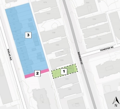 A map showing the location of the new park at 1528-1530 Bathurst Street (1). To the west is a small Privately Owned Publicly-Accessible Space (POPS) (2). Together the new POPS and the new park create an east-west connection between Raglan Avenue and Bathurst Street. There is a new development located north of the POPS on Raglan Ave (3).