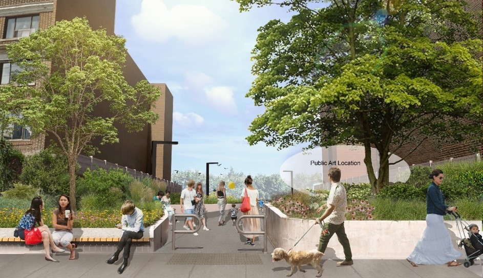 A rendering of the proposed park design. The view is looking west into the park from Bathurst Street. Front left are three people sitting on a slatted wooden bench with a half back. Front right are two people walking opposite directions on the sidewalk, one with a dog, one with a stroller. Centre is the pathway leading into the park. Two p-gates are at the entrance to encourage cyclists to dismount to pass through the park. On each side of the park are planting beds that continue along the length of the park. They contain trees, shrubs, grasses, and flowers. Light posts line the pathway through the park. On either side of the park are the existing low-rise appartment buildings, separated from the park by a tall, solid wooden fence. There is a spot reserved for a public art piece on the right near the park entrance, in the planting bed.
