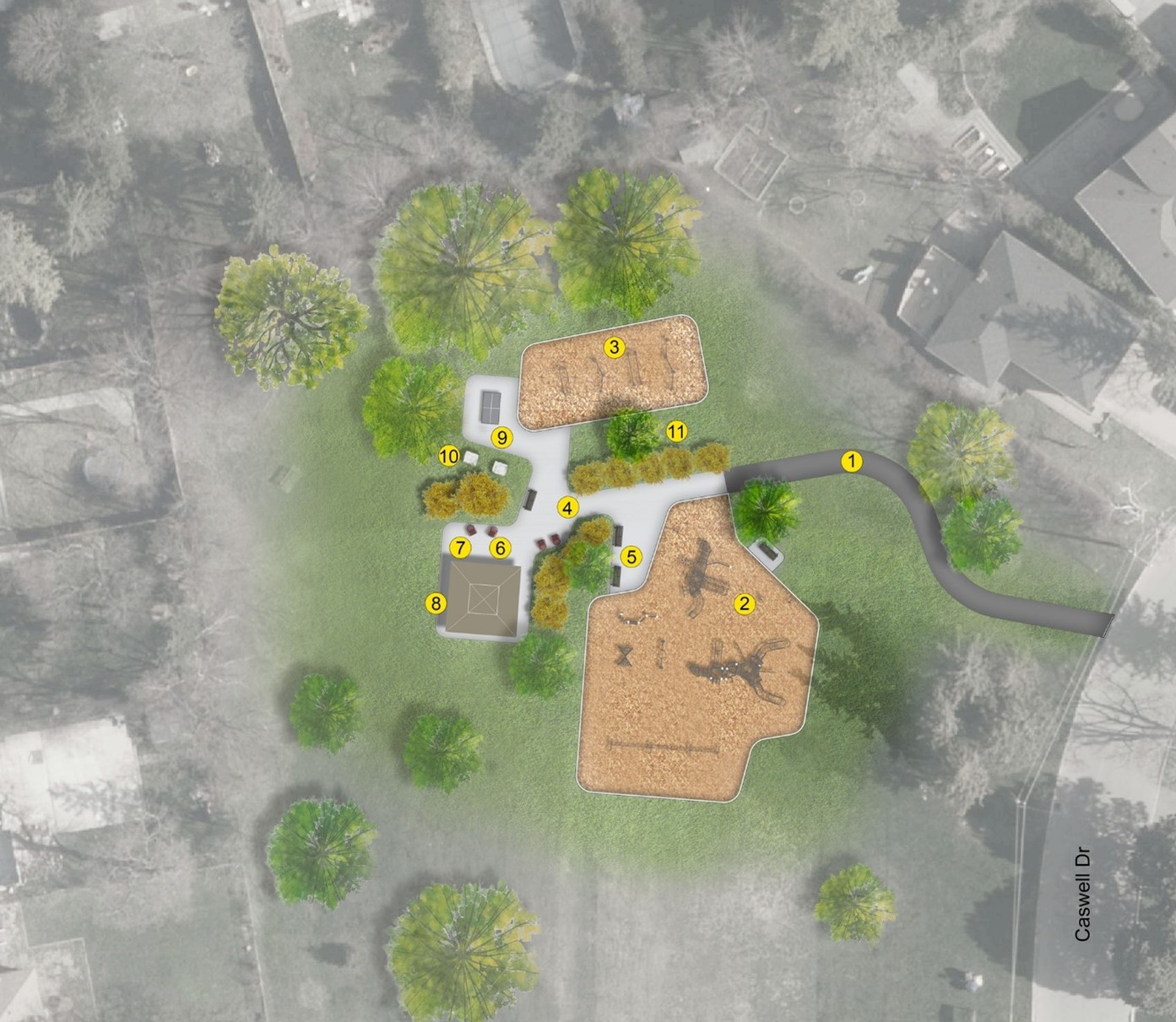 Map showing the layout of the proposed playground and amenities at Caswell Park. The fitness pod is located at the end north of the park. To the west of the fitness pod is a ping pong table, to the southwest is a shade structure, and to the south is a playground. These amenities are connected by concrete pathways and gathering spaces that include seating throughout.