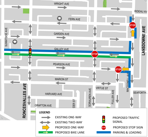 Map showing proposed changes for West Parkdale Cycling Connections
