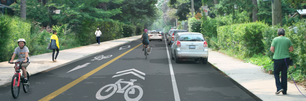 Artist rendering of proposed changes on Glendale Avenue, facing west, including eastbound contraflow bike lane on south side of the street, westbound vehicle lane in centre, and on-street parking on north side of the street