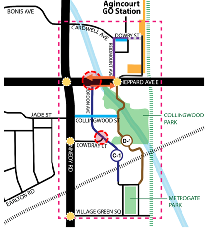 Map showing the location of recommended transportation improvements in the study area.
