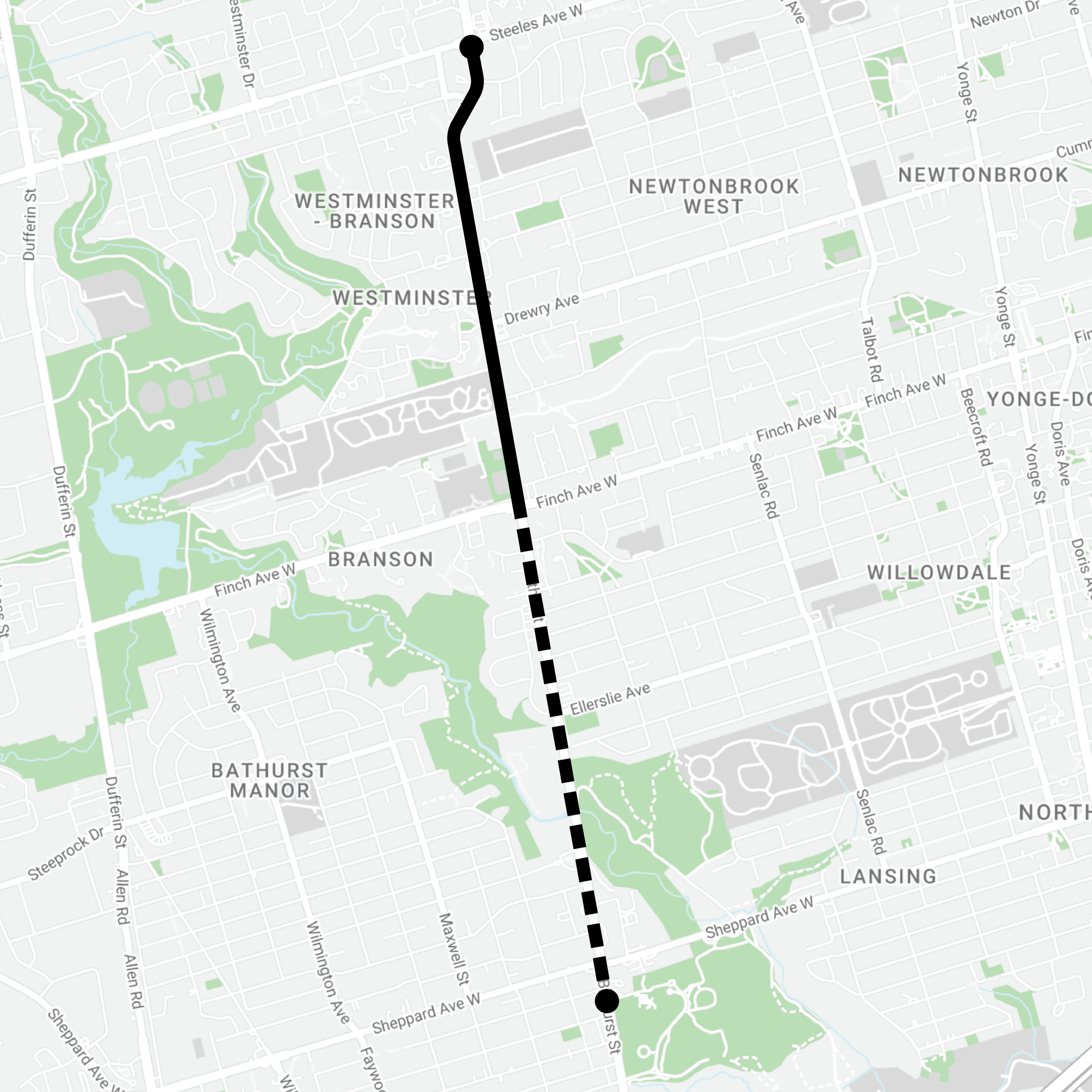 the image depicts the project area. It is bounded to the north by Steeles Avenue West, to the south by Bainbridge Avenue and to the east and west by Bathurst Street, on either sides.