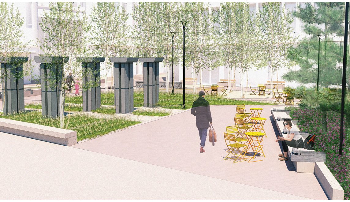 Rendering of the proposed final design for the new park on St. Patrick Street, looking east from the southern park entrance on St. Patrick Street.
