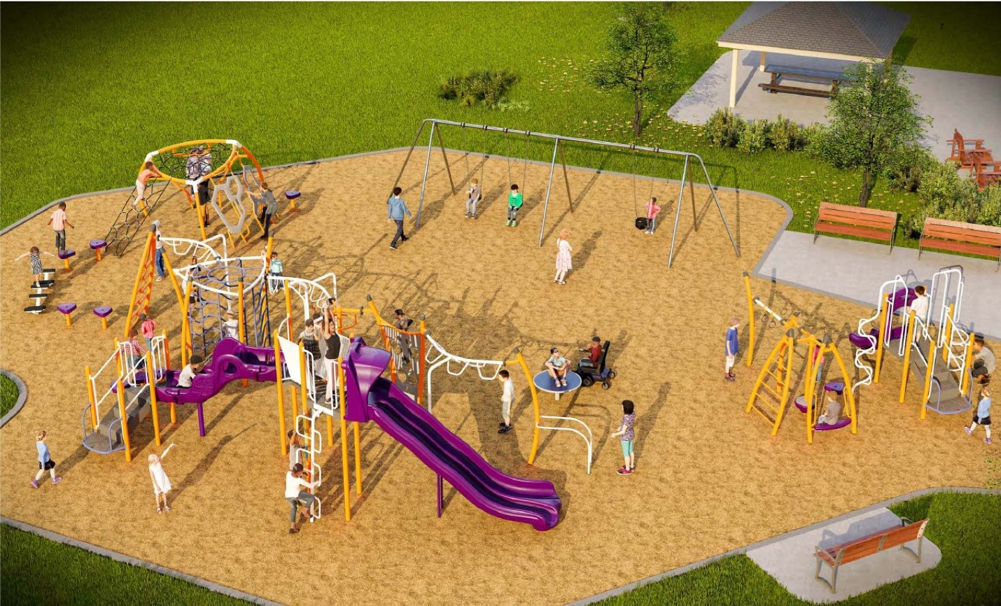 An aerial view of Playground Design A looking from left to right: a large senior play structure with monkey bars, a swing set, standalone play features, and a junior play structure