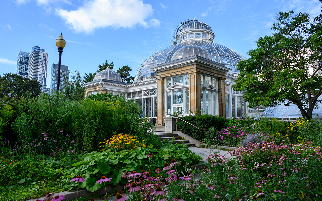 A building with many windows and glass domed roof. Stairs and a garden are in the foreground.