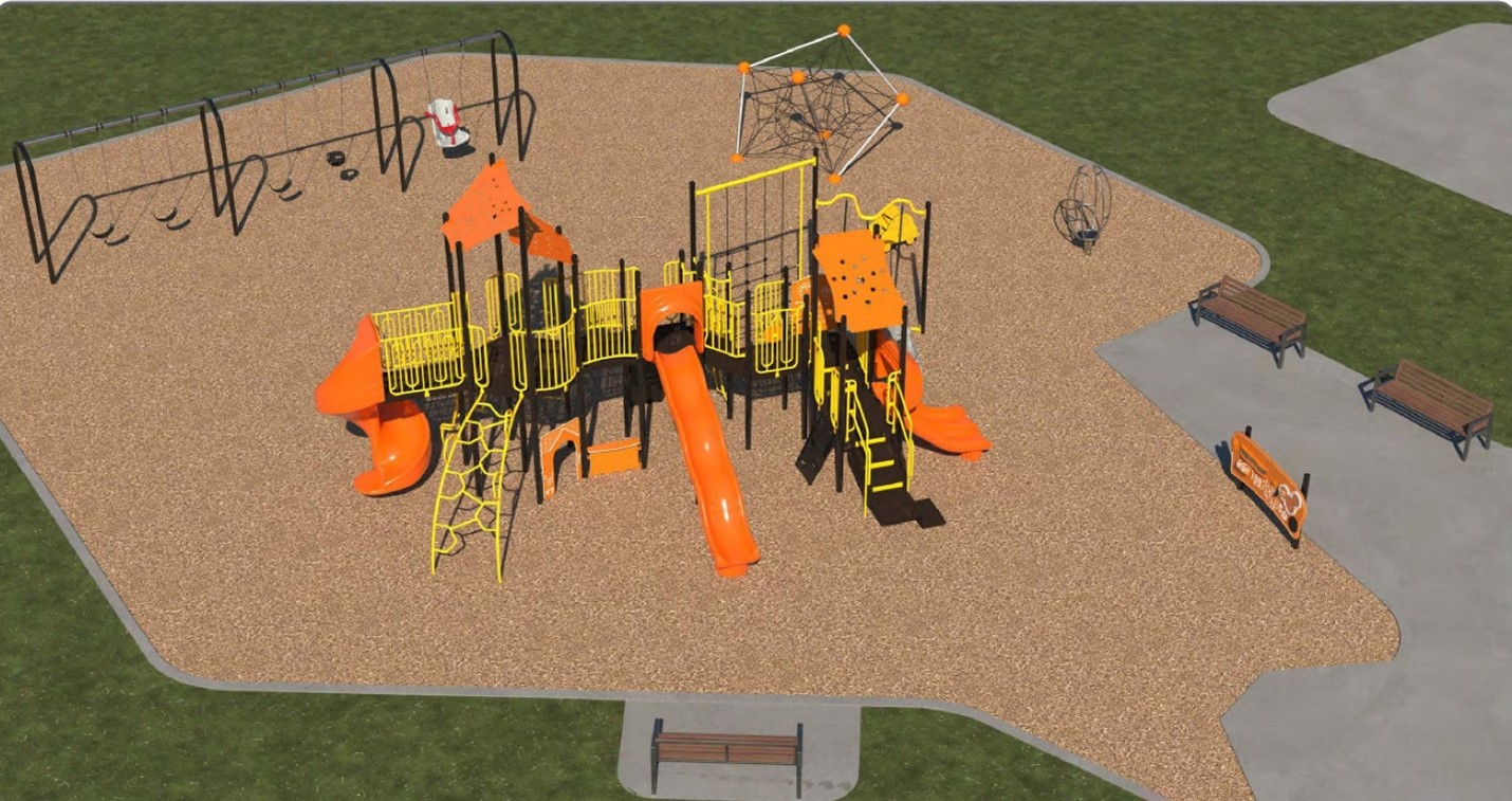 An aerial view of Playground Design C looking from left to right, a swingset, large play structure, net climber, spinner, and play panel.