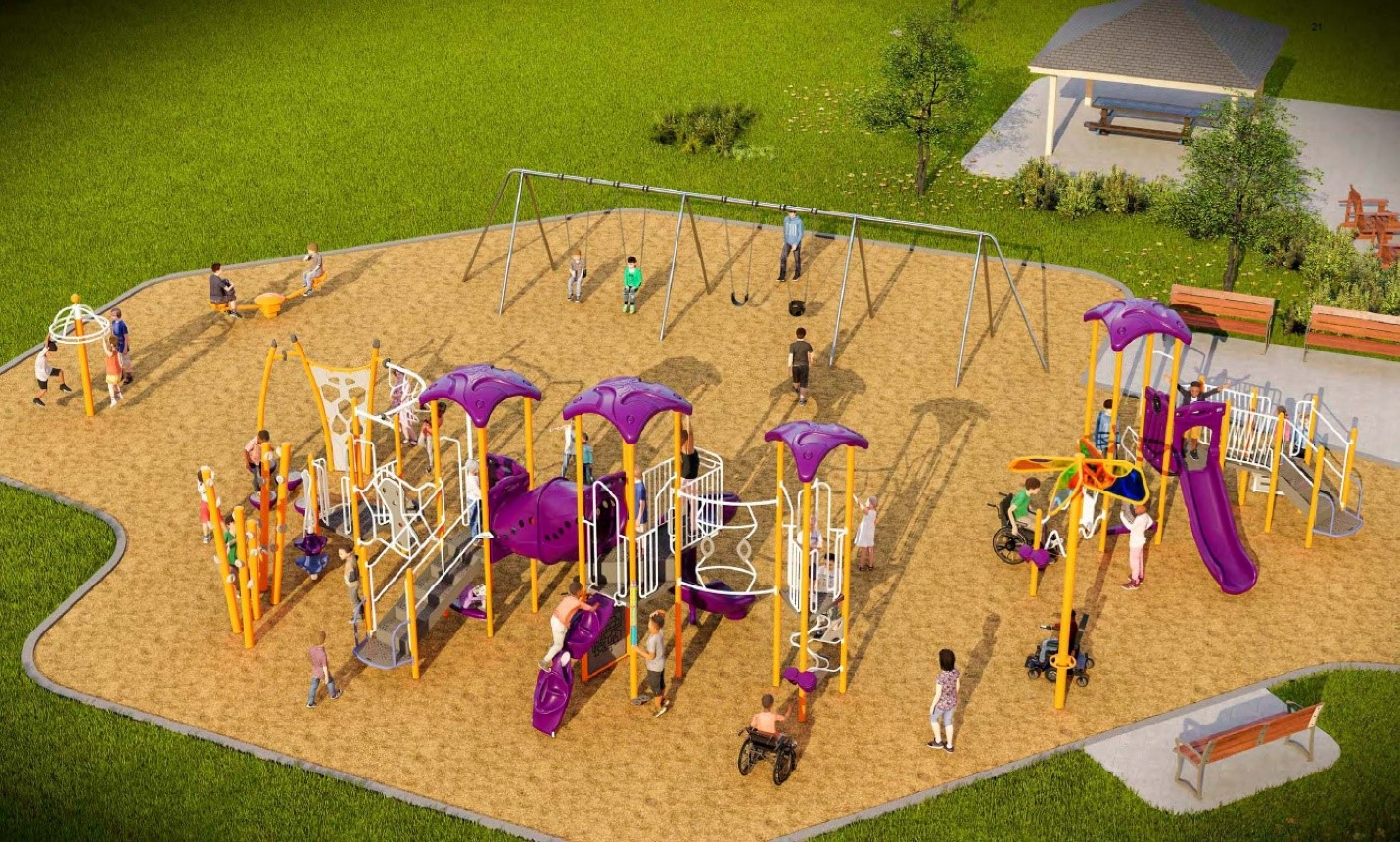 An aerial view of Playground Design B from left to right: a large spinner, a teeter totter, a large senior play structure, a swing set, standalone play features, and a junior play structure.