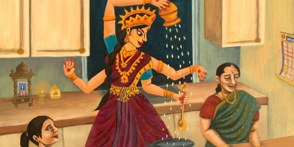 Painting of four armed goddess pouring food into a mixing bowl in a modern kitchen beside two women