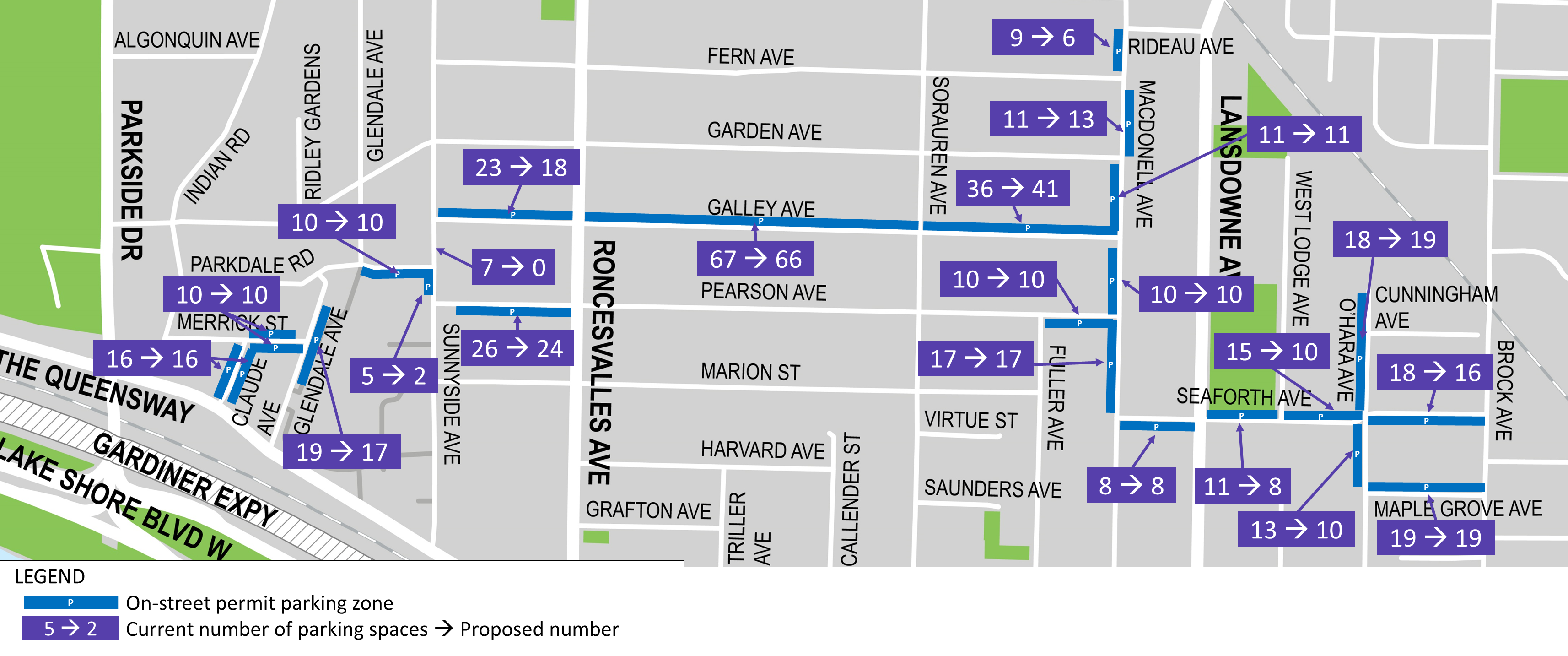 Map showing proposed parking impacts for West Parkdale Cycling Connections