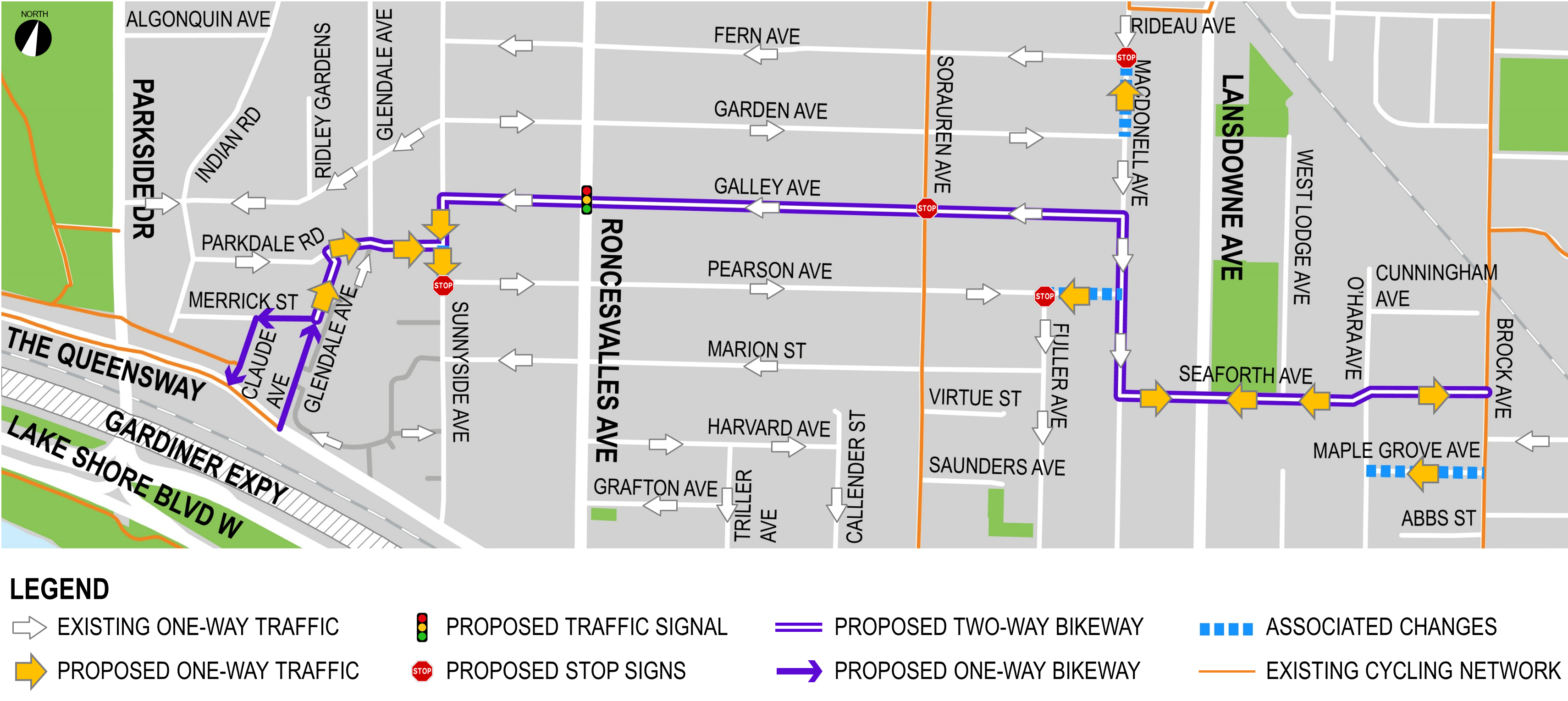 Map showing proposed changes for West Parkdale Cycling Connections