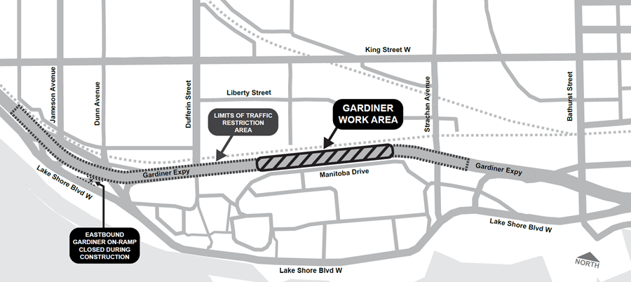 Map highlighting the construction zone of the Gardiner Expressway rehabilitation work between Dufferin Street and Strachan Avenue 