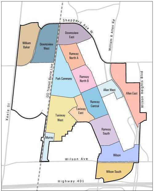 Map of the Draft Secondary Plan Area (approximately 540 hectares), extending generally between Keele Street, Sheppard Avenue West, Wilson Heights Boulevard and Wilson Avenue. The 15 Districts include William Baker (northwest corner), Downsview West, Downsview East and Runway North A (to the north), Runway North B, Runway Central, Runway South, Allen West, Taxiway East and Park Commons (in the centre), Wilson and Wilson South (south, near Wilson Ave.), Taxiway West and Murray (to the southwest) and Allen East (east of Allen Rd.).