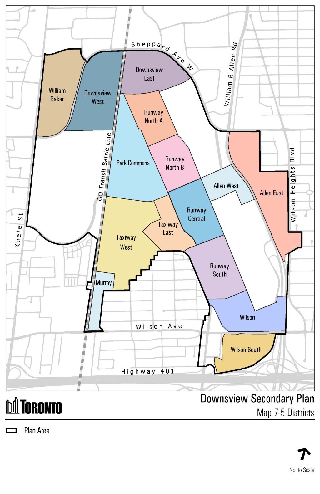 Map of the Secondary Plan Area, which generally extends between Keele Street, Wilson Avenue, Wilson Heights Boulevard and Sheppard Avenue West.. Districts shown include William Baker, Downsview West, Downsview East, Runway North A, Runway North B, Park Commons, Allen West, Allen East, Runway Central, Runway South, Wilson, Wilson South, Taxiway East, Taxiway West, and Murray.