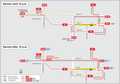 Map of TTC detour. Please contact Michael Vieira by email at KingStreetTrackRenewal@ttc.ca or call 437-551-4609 for more information. 