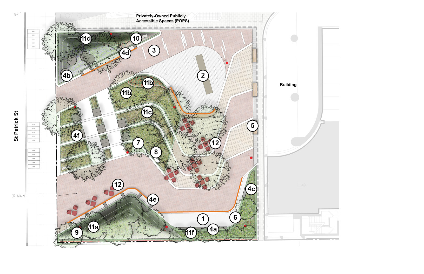 Site plan for the new park on St. Patrick Street, with numbers corresponding to the legend.