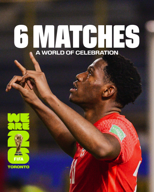 Close up of Jonathan David, Canadian Men's National Soccer Team player in side profile looking up with his fingers point up to the sky. Headline reads 6 Matches A World of Celebration with a We Are 26 Toronto and FIFA World Cup trophy graphic