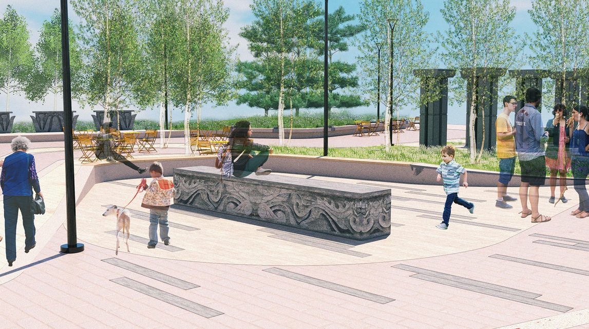 Rendering of the new park with the sculpture design along the side of a stone bench