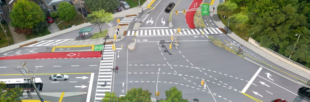 Artistic rendering of the changes to the Pape Avenue, Donlands Avenue and Millwood Road intersection, looking south.