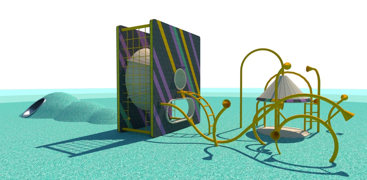 The tangle of tubes that emerge of the Speaker play feature. The colour palette includes vibrant shades of purple, yellow and teal.
