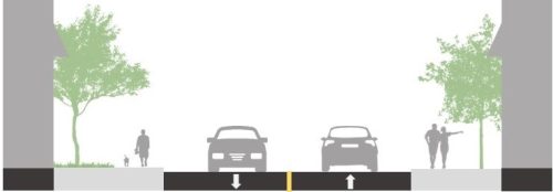 Illustration showing existing lane and sidewalk on Roselawn Avenue and Elm Ridge Drive facing west, with wider vehicular lanes and sidewalks on both sides 