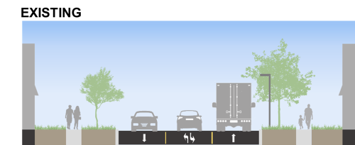 Cross section showing existing lane configuration on Steeprock Drive with two driving lanes and one centre turn lane.