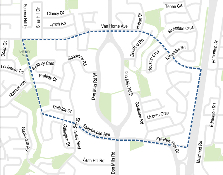 The project area is located between Van Horne Avenue to the north, Highway 404 to the east, Esterbrooke Avenue and Fairview Mall Drive to the south and Bellbury and Lescon Parks trail system to the west.