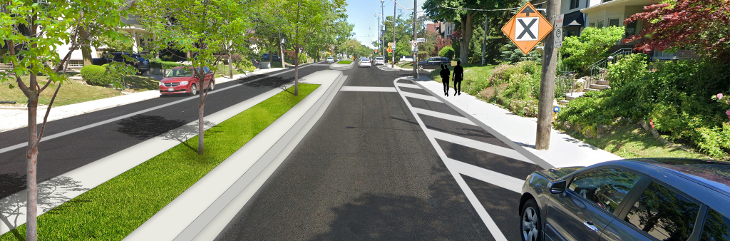 Artist rendering of planned changes to Oriole Parkway at Hillsdale Avenue, looking north
