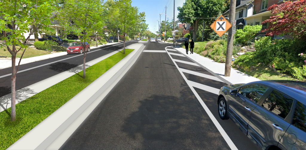 Artist rendering of planned changes to Oriole Parkway at Hillsdale Avenue, looking north