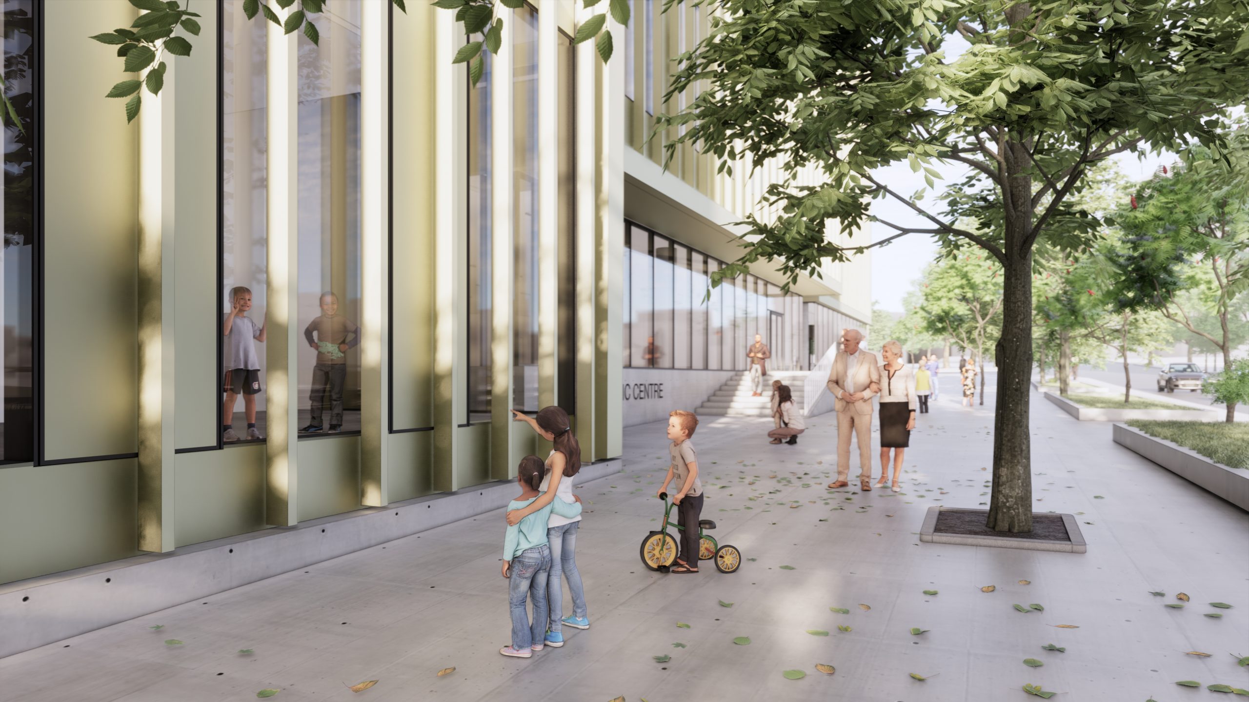 Rendering view of the facade outside the Etobicoke Civic Centre.