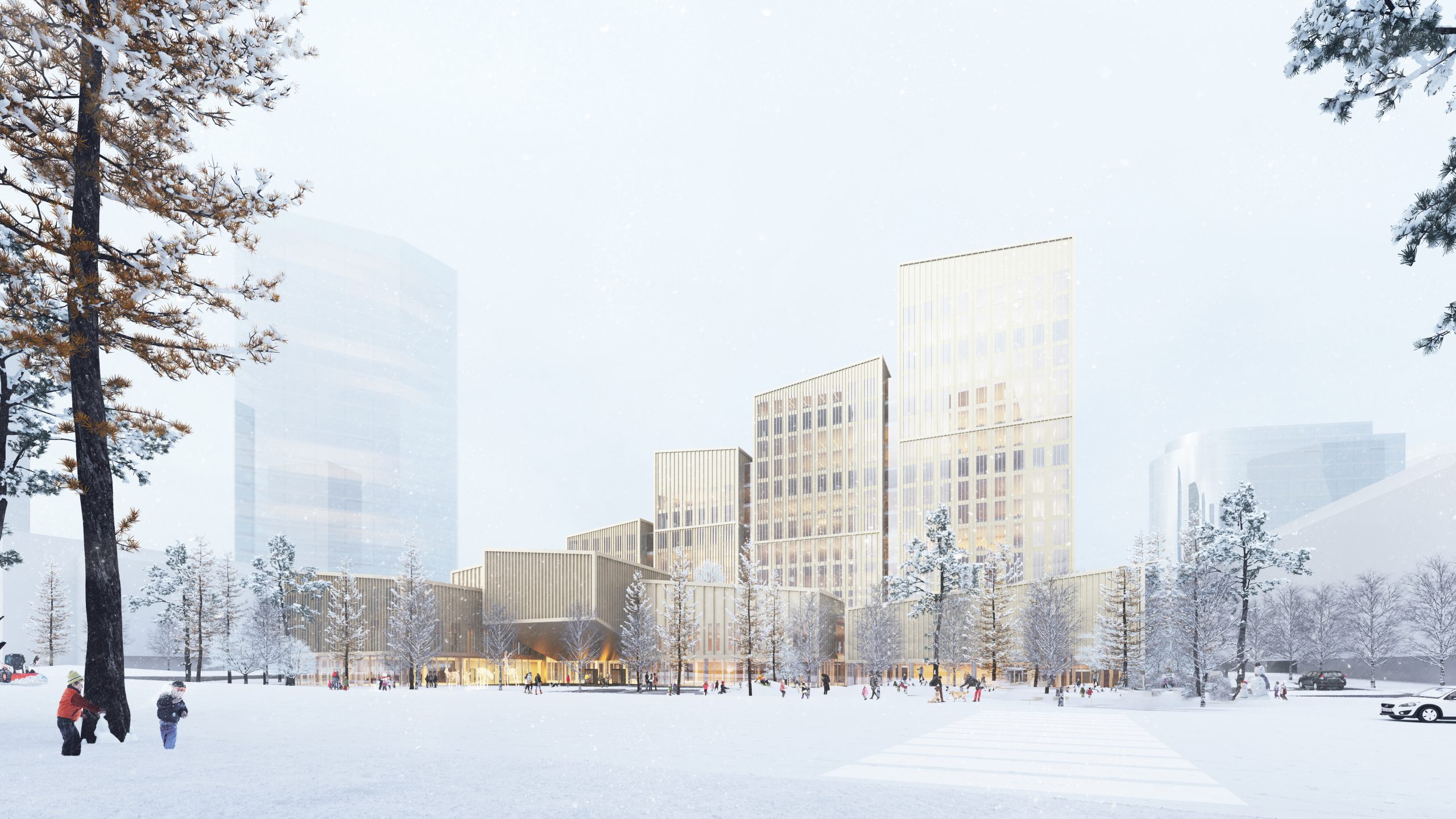 Rendering view of the Etobicoke Civic Centre in the winter.
