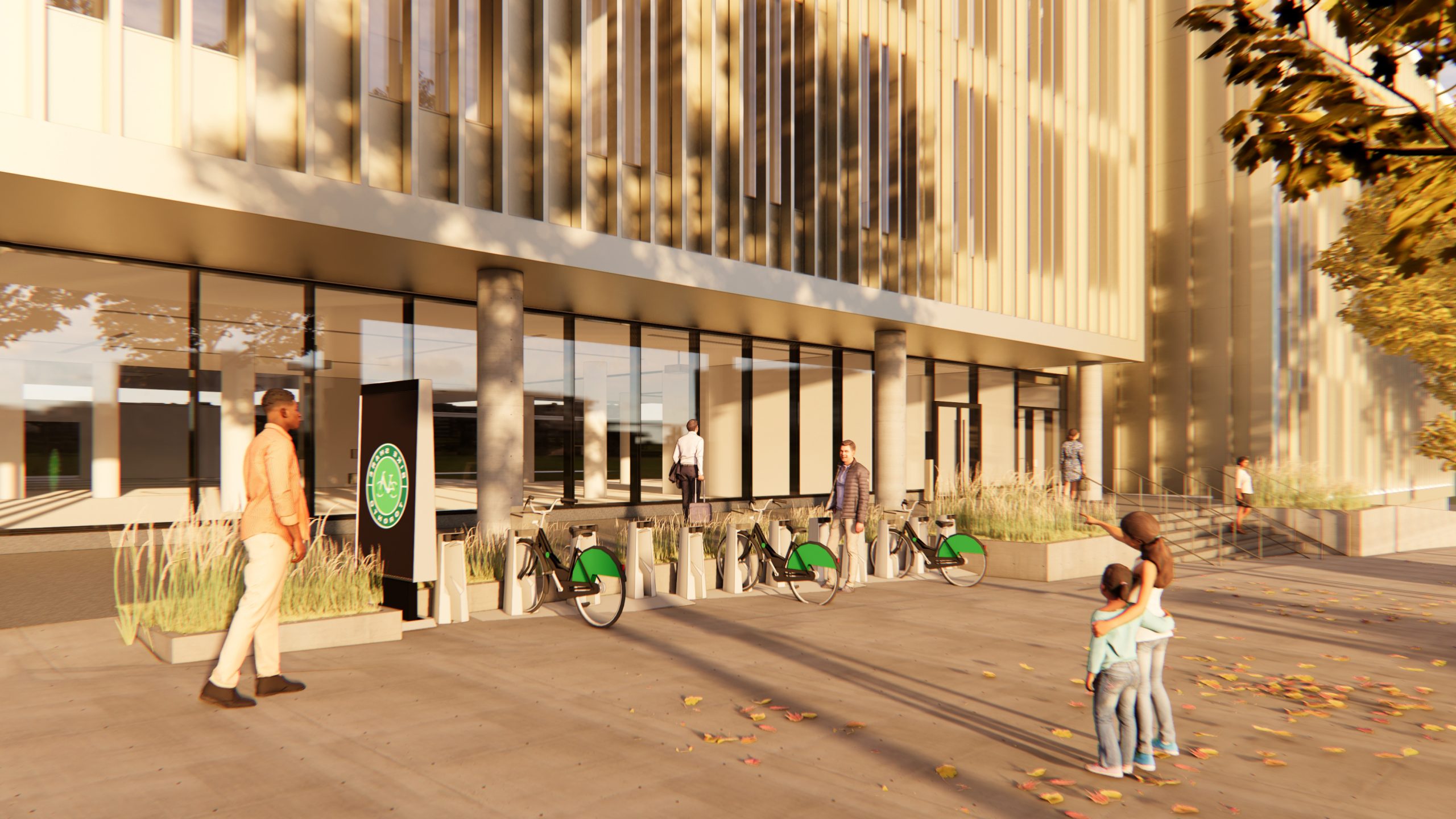 Rendering view of the bicycle racks outside of the Etobicoke Civic Centre.
