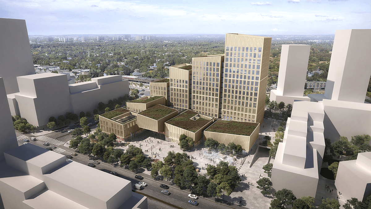Rendering aerial view of the Etobicoke Civic Centre.
